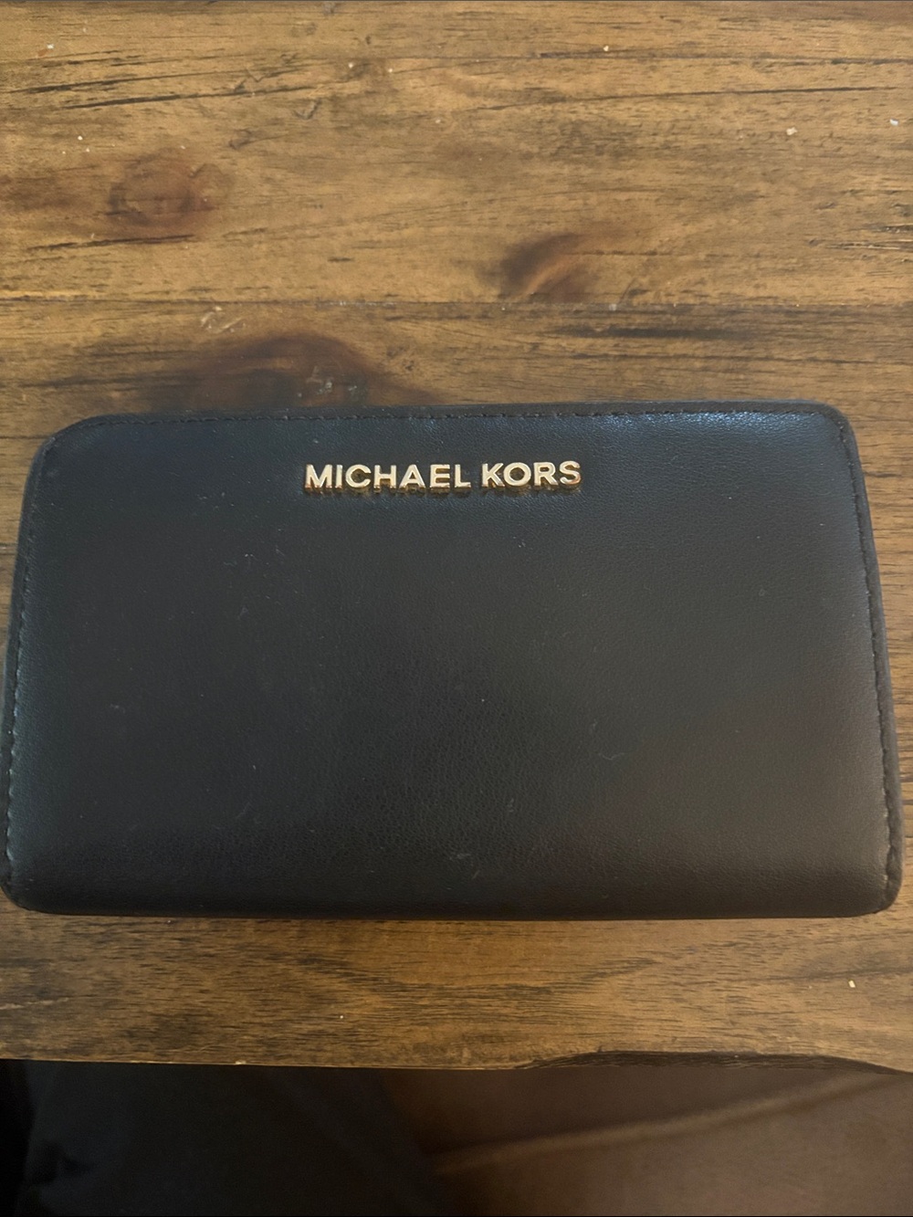 Michael Kors Black Leather Zip Card Holder with Gold Logo